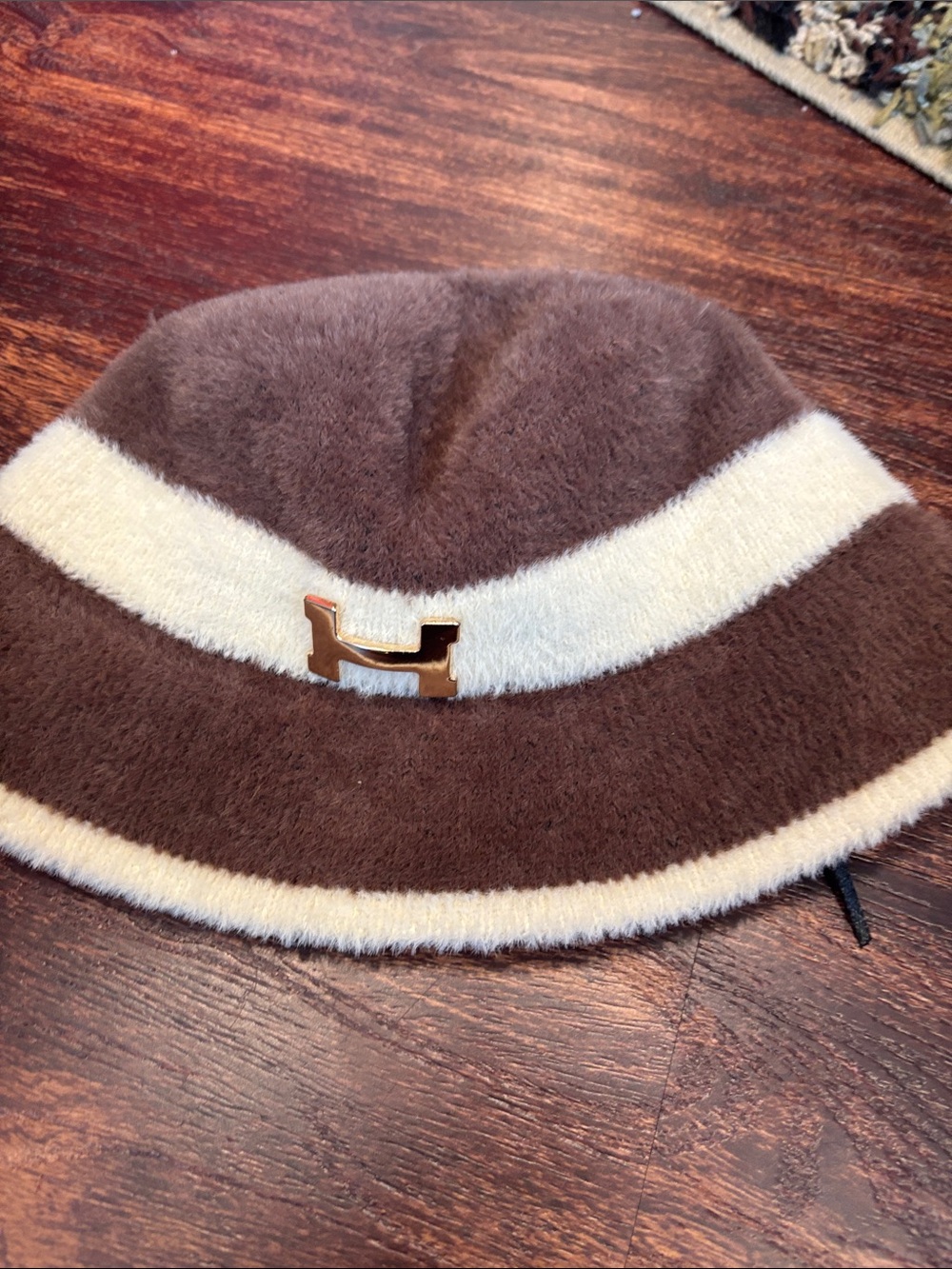 Brown and Cream Plush Bucket Hat with Gold H Accent